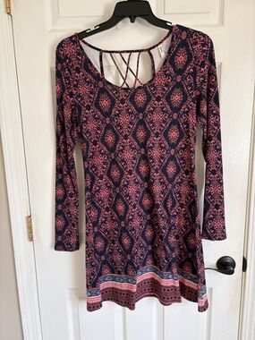 Mudd Navy and Pink Long-Sleeve Patterned Dress with Crisscross Back